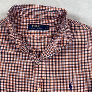 Polo Ralph Lauren Mens Large Orange Navy Gingham Check Button Down Shirt L
